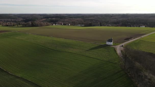 Aerial view of small rural chapel located in Bousval, Belgiium — Stock Video