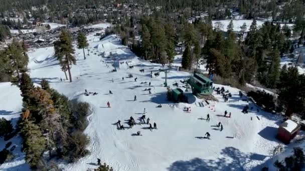 Osoby lubiące narciarstwo i snowboard w górskim ośrodku narciarskim — Wideo stockowe
