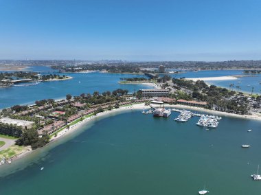 Aerial view of boats and kayaks in Mission Bay in San Diego, California. USA. Famous tourist destination clipart