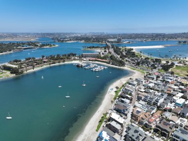 Aerial view of boats and kayaks in Mission Bay in San Diego, California. USA. Famous tourist destination