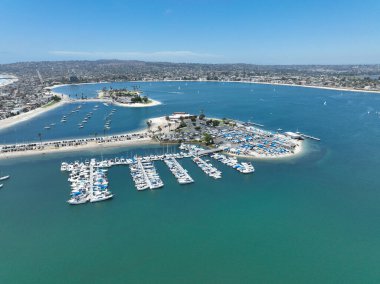 Aerial view of boats and kayaks in Mission Bay in San Diego, California. USA. Famous tourist destination