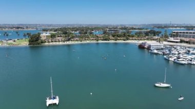 Aerial view of boats and kayaks in Mission Bay in San Diego, California. USA. Famous tourist destination