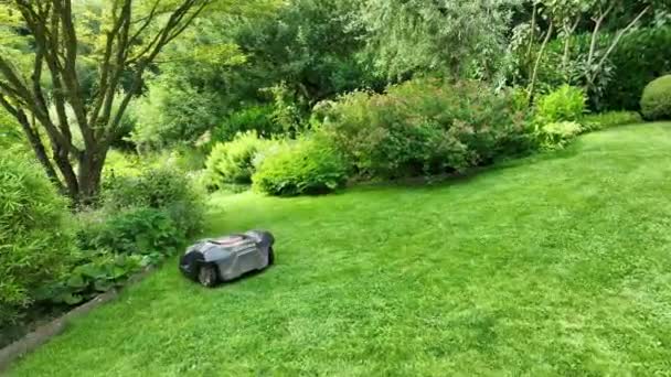 自動バッテリー現代の庭で芝生の芝刈り芝刈り機 2022年9月22日ベルギーのブースバル — ストック動画