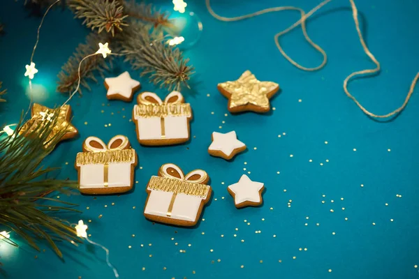 Fundo Temporada Inverno Com Espaço Cópia Biscoitos Canela Gengibre Forma — Fotografia de Stock