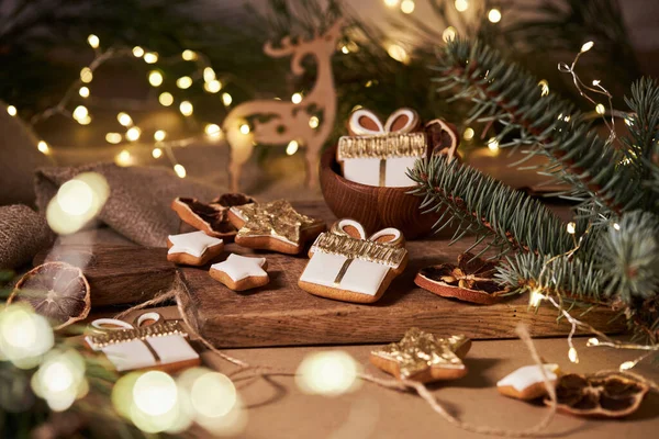 Fundo Natal Ano Novo Com Biscoitos Caixa Presente Gengibre Estrelas — Fotografia de Stock