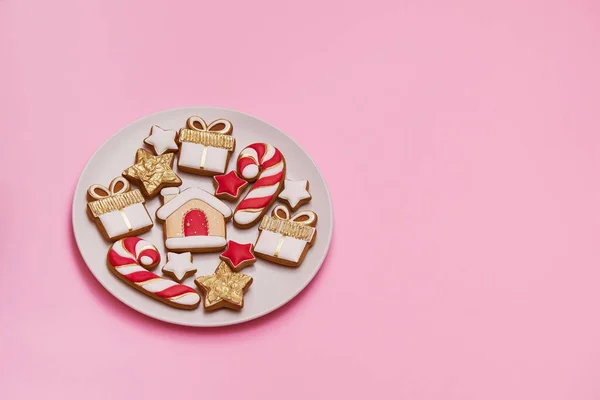 Biscoitos Gengibre Natal Copiar Espaço Para Texto Deitado Férias Inverno — Fotografia de Stock