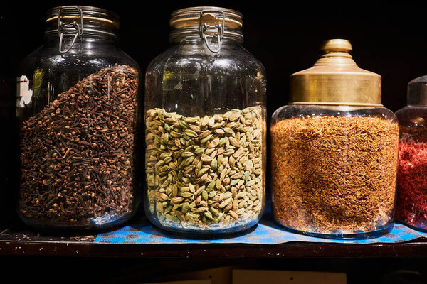 Sharm El Sheikh, Egypt - November 20, 2021: Egyptian dried herbal tea in the wooden box at the street market in the  Soho Square