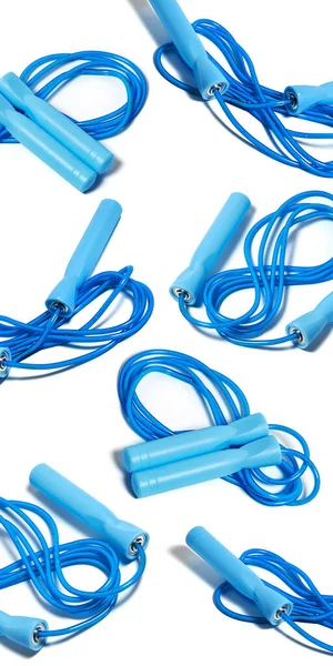 Blue Jumping Rope White Background Pattern Equipment Home Workouts Exercises — Stock Photo, Image