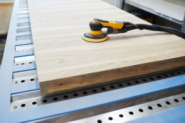 Atölyedeki ahşap zımparalama için orbital zımpara makinesi. DIY yapımı ve ahşap işçiliği konsepti.