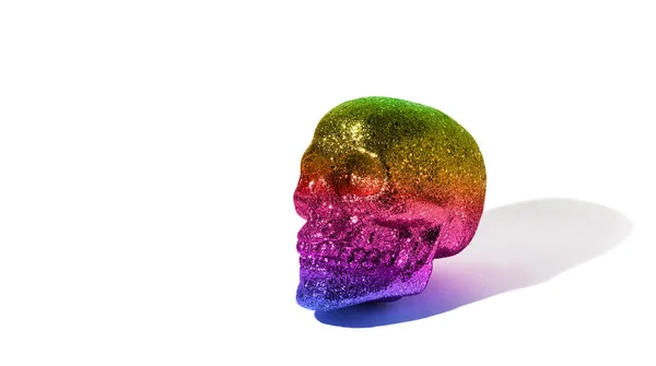 Creative Colorful Shiny Sequined Skull White Background Copy Space — Stock Photo, Image