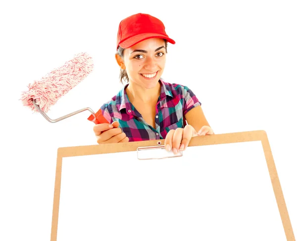 Woman painter with clipboard and paint brush — Stock Photo, Image