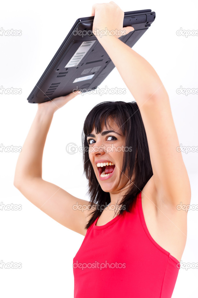 Agitated woman with laptop