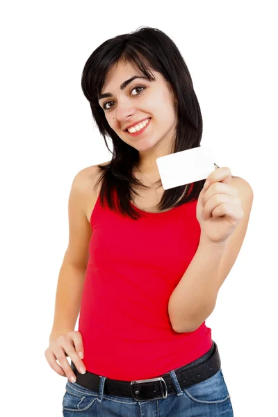 Γυναίκα εκμετάλλευση κάρτα — Φωτογραφία Αρχείου