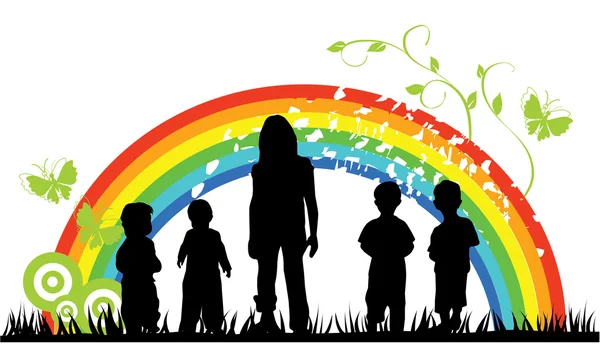 Kinder und Regenbogen — Stockvektor