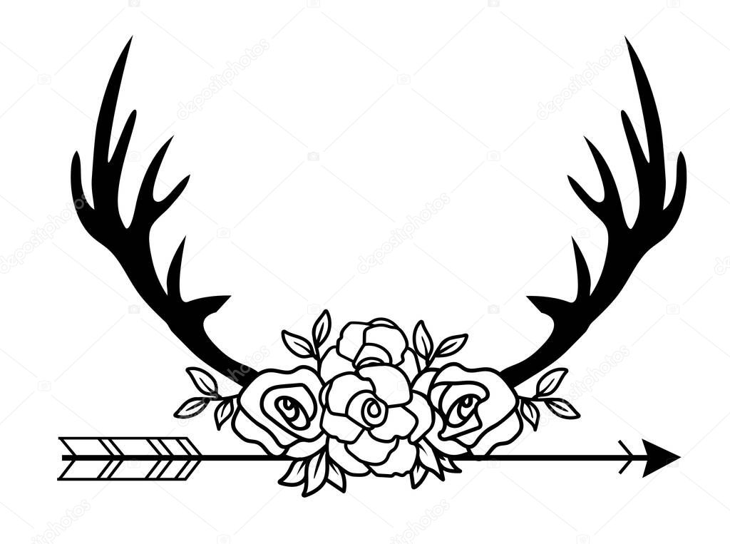 vector illustration of floral deer antlers with an arrow, boho flowers.