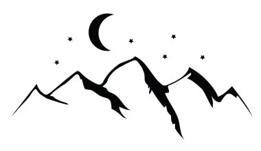 Dağların, siluetin, ayın, yıldızların vektör çizimi. 