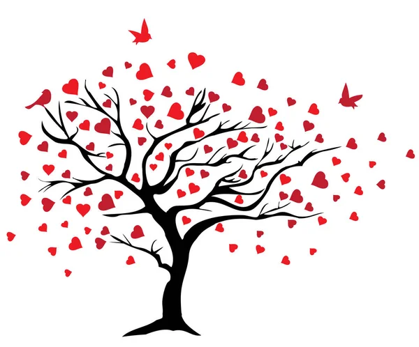 Vector Tree Red Hearts Birds Valentine — Stock Vector