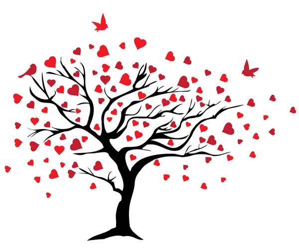 Vektorträd Med Röda Hjärtan Och Fåglar Valentin — Stock vektor