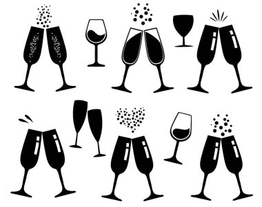vector illustration of champagne, wine glasses. New Years celebration. 
