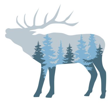 Bir geyiğin, ağaçların, orman geçmişinin vektör çizimi.