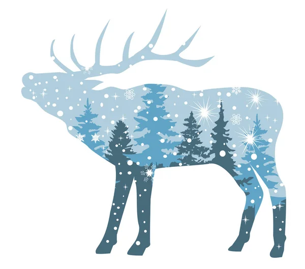 Vector Illustration Elk Trees Forest Background — Stock Vector