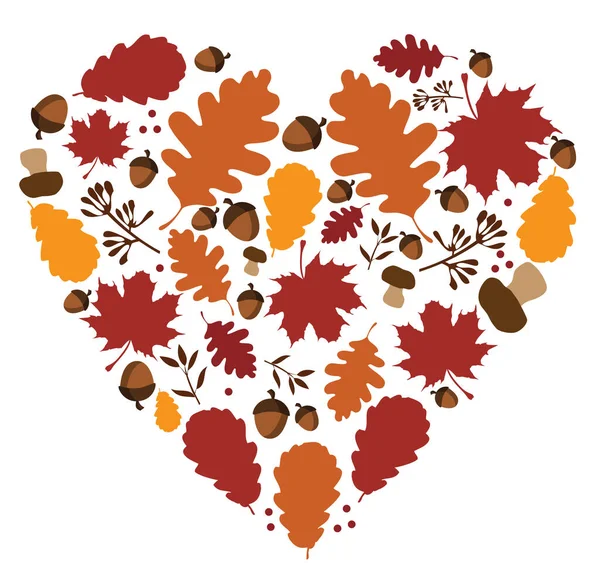 Ilustración Vectorial Corazón Caída Corazón Otoño Con Hojas Bellotas — Vector de stock