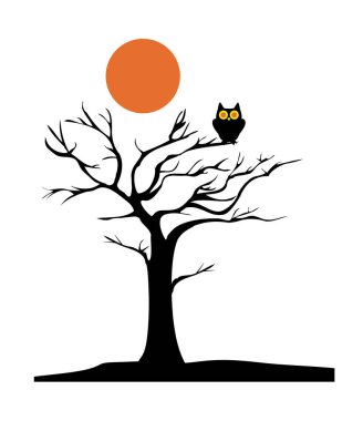 Baykuşlu, aylı, siluetli bir ağacın vektör çizimi. Cadılar Bayramı geçmişi.