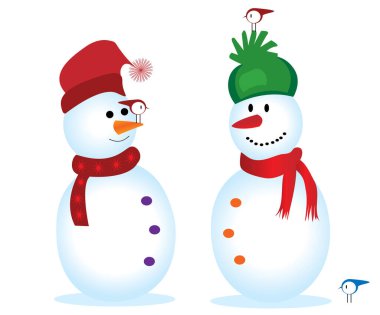 Kardan adam ve kuşların vektör çizimi, Noel arkaplanı.