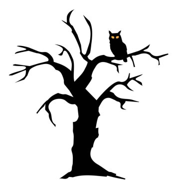 Baykuşlu korkunç bir ağacın vektör çizimi. Parlayan gözlü baykuş. Cadılar Bayramı geçmişi.