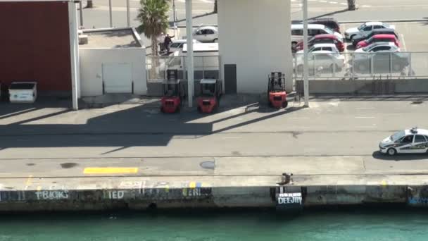 一辆警车巡逻检查码头区 — 图库视频影像