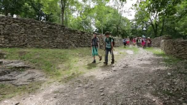 Группа молодых скаутов во время прогулки — стоковое видео