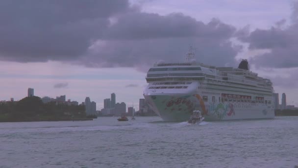 Navio de cruzeiro saindo de um porto cinza de Miami — Vídeo de Stock