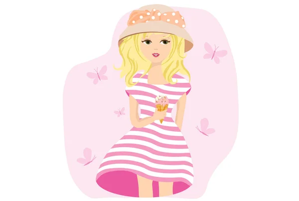 Blond Girl Ice Cream Pink Background — Stockvektor