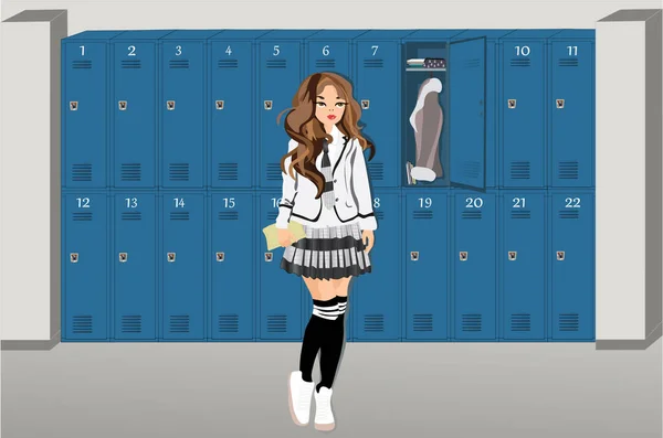 Schoolgirl School Hallway School Lockers — стоковый вектор