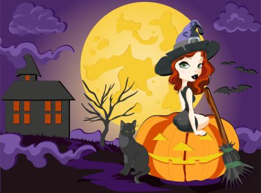 Cadılar Bayramı tebrik kartı. Balkabağının üzerinde oturan güzel cadı kadın.