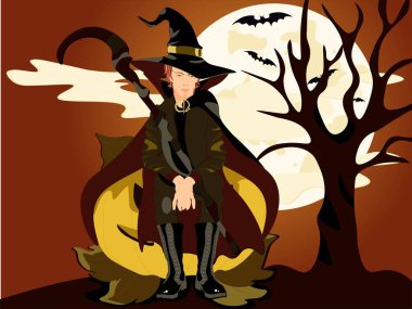 Cadılar Bayramı 'nda cadı balkabağının üstüne oturur.