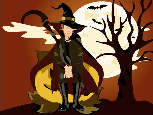 Ведьма Сидит Тыкве Хэллоуин — стоковый вектор