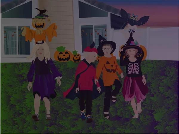 Children House Costumes Bat Devil Witch Pumpkin Halloween — стоковый вектор