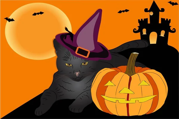 Feliz Banner Halloween Fondo Invitación Fiesta Con Gato Negro Calabazas — Vector de stock