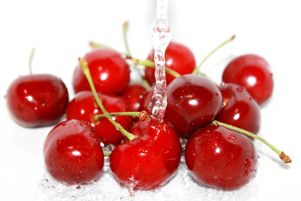 Closeup Fresh Cherry Isolated White Water Drops — Stock Photo, Image