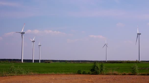 Fält med vindkraftverk — Stockvideo