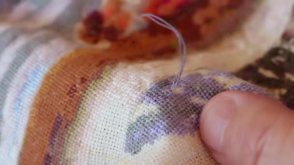 Жінка шиє гобелен вдома — стокове відео