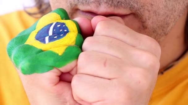 Reação de um torcedor de futebol brasileiro antes de um gol, bandeira brasileira em seu punho — Vídeo de Stock