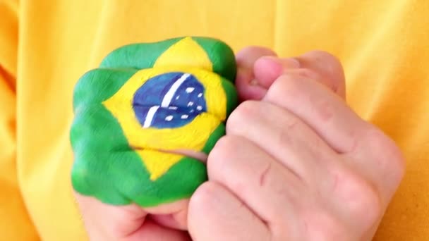 Реакция бразильского футбольного болельщика перед воротами, бразильский флаг на кулаке — стоковое видео