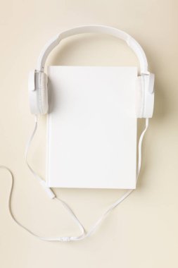 Beyaz kulaklıkların ve arka planda fotokopi alanı olan defterlerin üst görüntüsü. Düz yatıyordu. Yüksek kalite fotoğraf