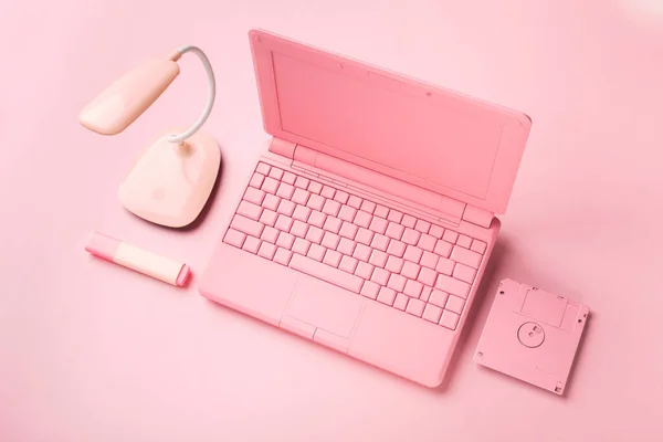 Colored pinColored pink laptop with bright floppy disk, modernity concept.k laptop with bright floppy disk, modernity concept. High quality photo