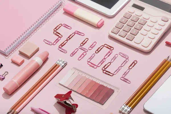 Inscription School Paper Clips Pink Background School Supplies — Photo