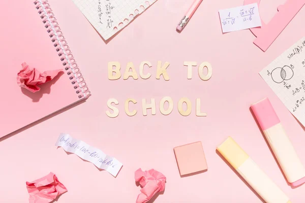 Lettering Back School Pink Background School Supplies High Quality Photo — ストック写真