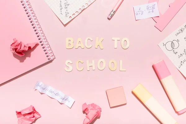 Lettering Back School Pink Background School Supplies High Quality Photo — Photo