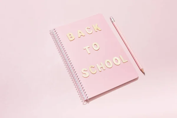 Inscription Back School Pink Notepad School Supplies High Quality Photo — Stock Fotó